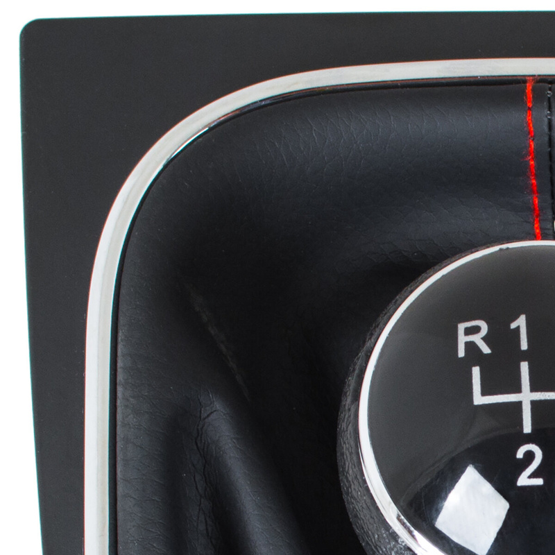VW Golf V Plus 05-08 gałka zmiany biegów + CZARNY mieszek z CZERWONĄ nitką i ramką CHROM 6 BIEGÓW