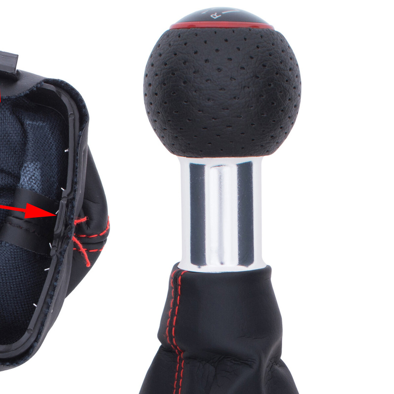 Audi A3 I 8L 96-03 Gear shift knob BLACK + Lever Gaiter BLACK Red thread RED RING 5 Gear
