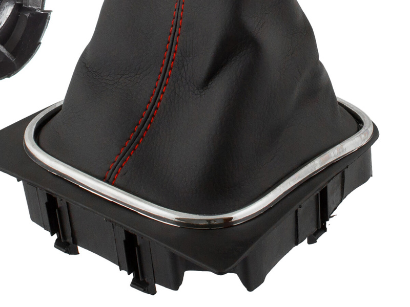 VW Golf V Plus 05-08 gałka zmiany biegów + CZARNY mieszek z CZERWONĄ nitką i ramką CHROM 6 BIEGÓW