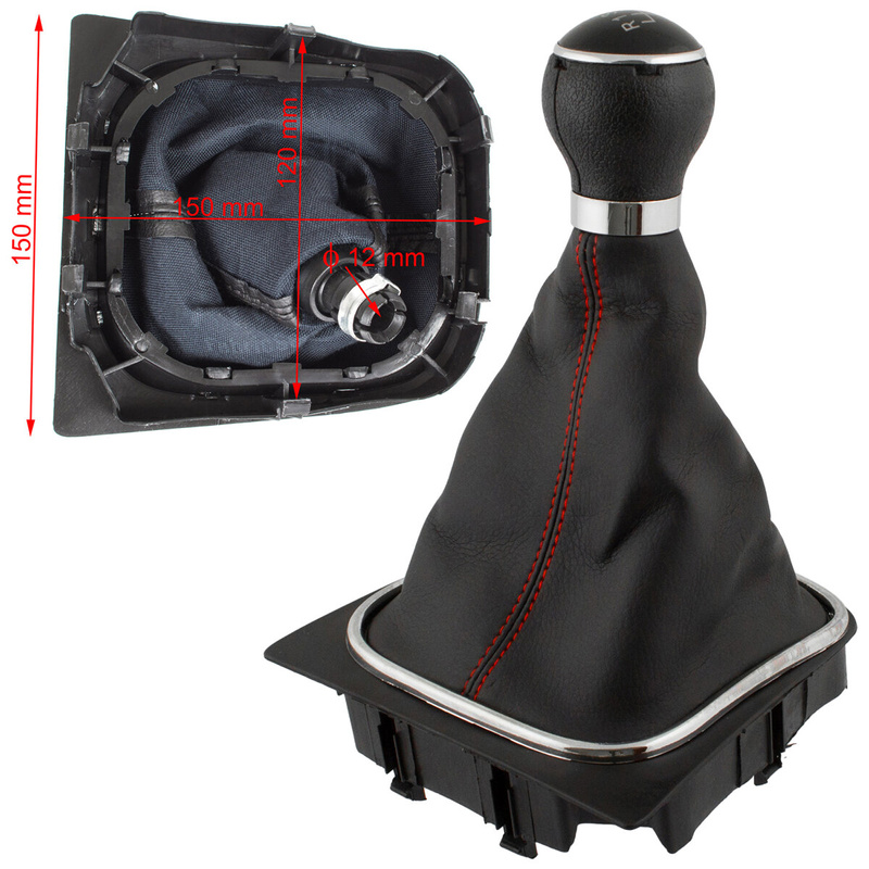 VW Golf V Plus 05-08 gałka zmiany biegów + CZARNY mieszek z CZERWONĄ nitką i ramką CHROM 6 BIEGÓW
