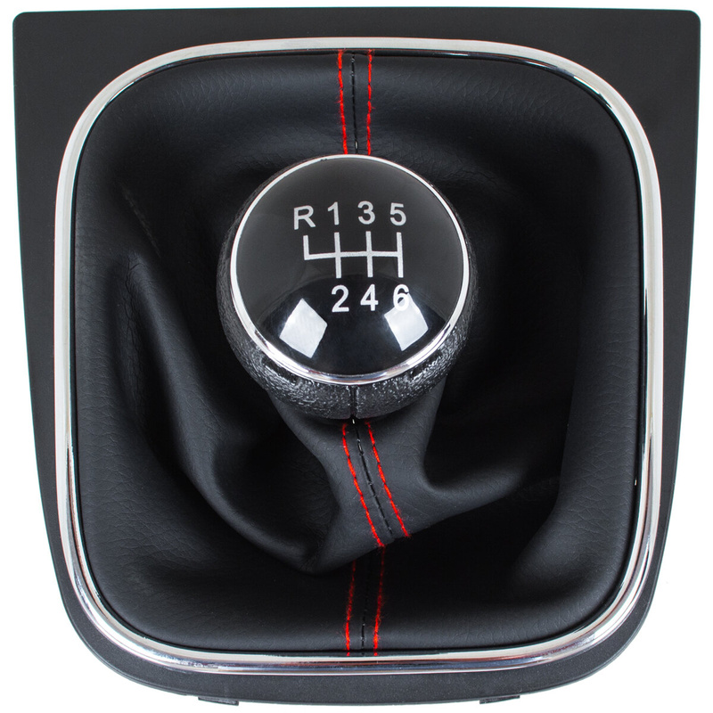 VW Golf V Plus 05-08 gałka zmiany biegów + CZARNY mieszek z CZERWONĄ nitką i ramką CHROM 6 BIEGÓW