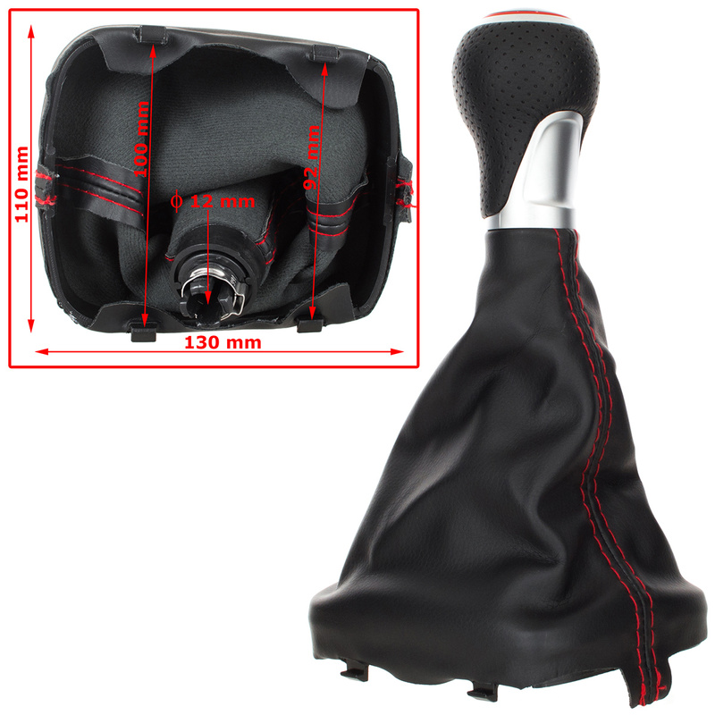 Audi A3 8P 03-12 gałka zmiany biegów CZARNA EKOSKÓRA + SILVER 6 BIEGÓW + mieszek CZARNY Z CZERWONĄ NITKĄ