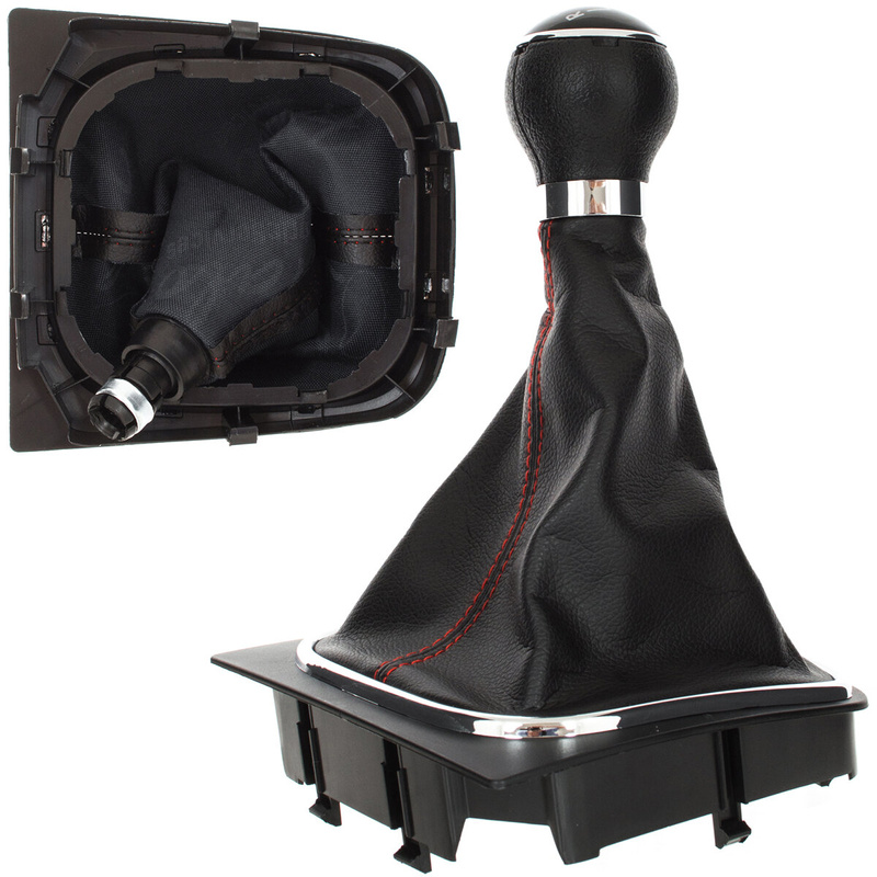 VW Caddy 04-09 gałka zmiany biegów + CZARNY mieszek z CZERWONĄ nitką i ramką CHROM 5 BIEGÓW