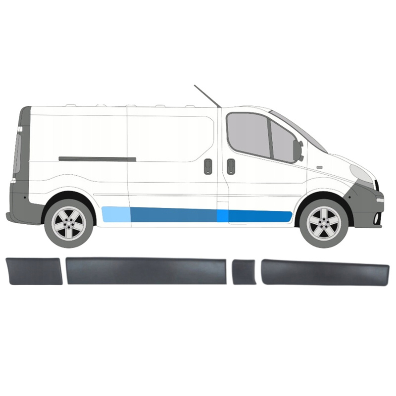 Renault Trafic II LONG 01-13 listwa drzwi przednich prawych + boczna NA SŁUPEK za drzwiami prawa + drzwi bocznych przesuwnych prawych + boczna PRZED TYLNYM KOŁEM prawa 4 szt. KPL