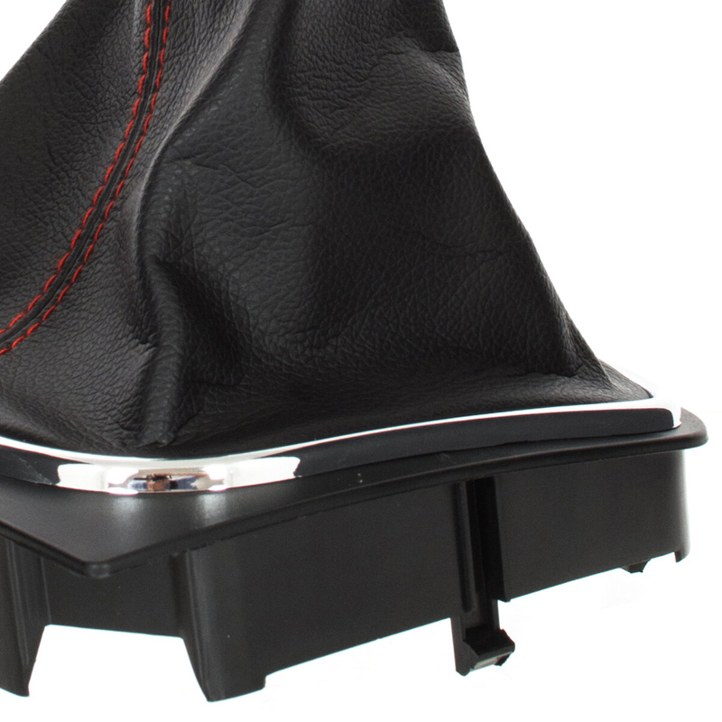 VW Caddy 04-09 gałka zmiany biegów + CZARNY mieszek z CZERWONĄ nitką i ramką CHROM 5 BIEGÓW