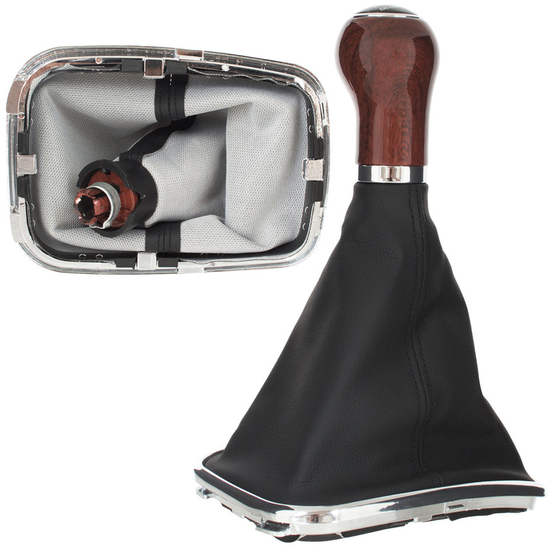 VW BORA 98-05 Gear / gearbox knob WOOD IMITATION + SILVER RING + BLACK LID 5+R + Lever Gaiter WITH CHROME FRAME (12MM)