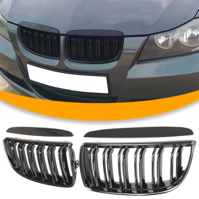 BMW 3 E90 / E91 04-09 SEDAN / KOMBI atrapy między reflektory (nerki) lewa + prawa kpl. BLACK GLOSSY DOUBLE BAR WYGIĘTE ŻEBERKA