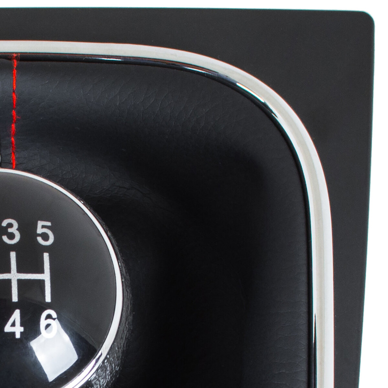VW Golf V Plus 05-08 gałka zmiany biegów + CZARNY mieszek z CZERWONĄ nitką i ramką CHROM 6 BIEGÓW