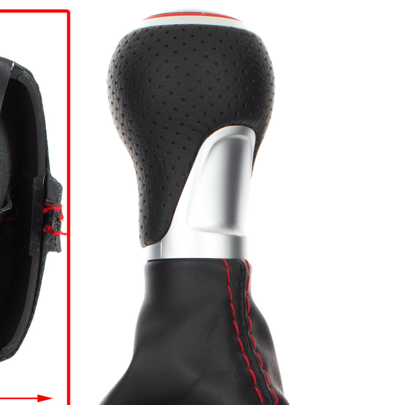 Audi A3 8P 03-12 gałka zmiany biegów CZARNA EKOSKÓRA + SILVER 6 BIEGÓW + mieszek CZARNY Z CZERWONĄ NITKĄ